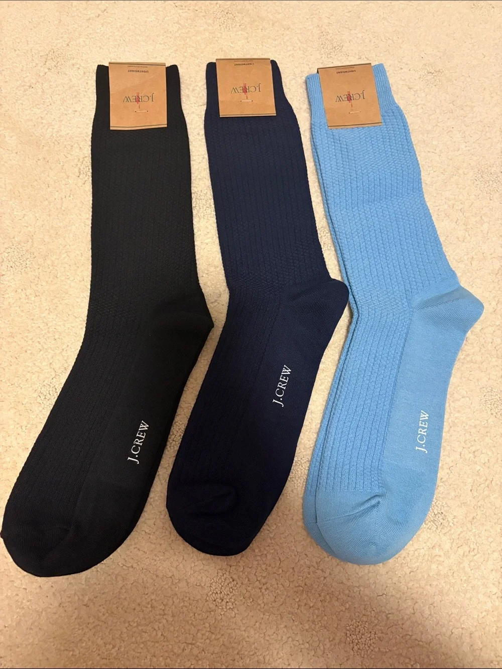 New with Tags J. Crew Men's Ribbed Dress Socks Black, Navy, Light Blue 3 Pairs